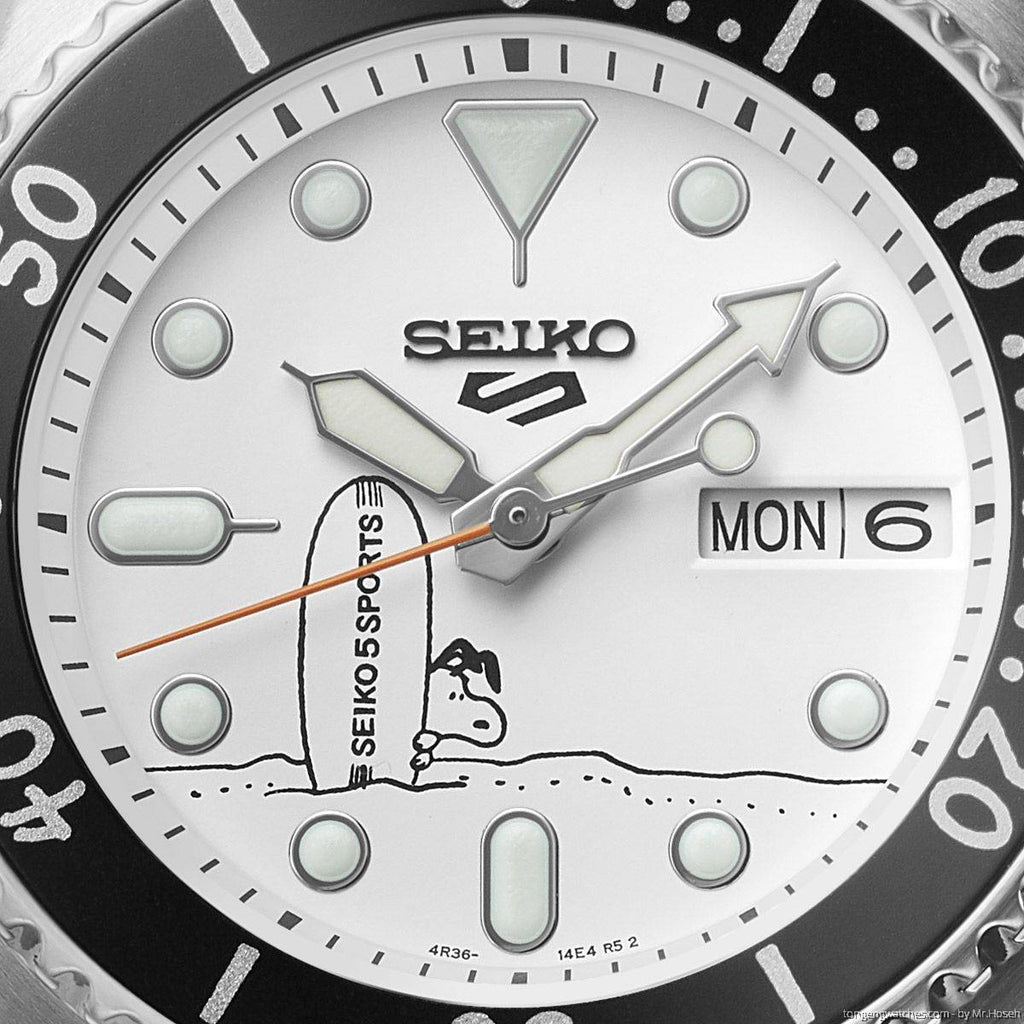 Seiko 5 Sports x Peanuts Surfboard Snoopy Limited Edition White Dial Two Tone NATO Strap Watch For Men - SRPK25K1 Buy Now By Seiko