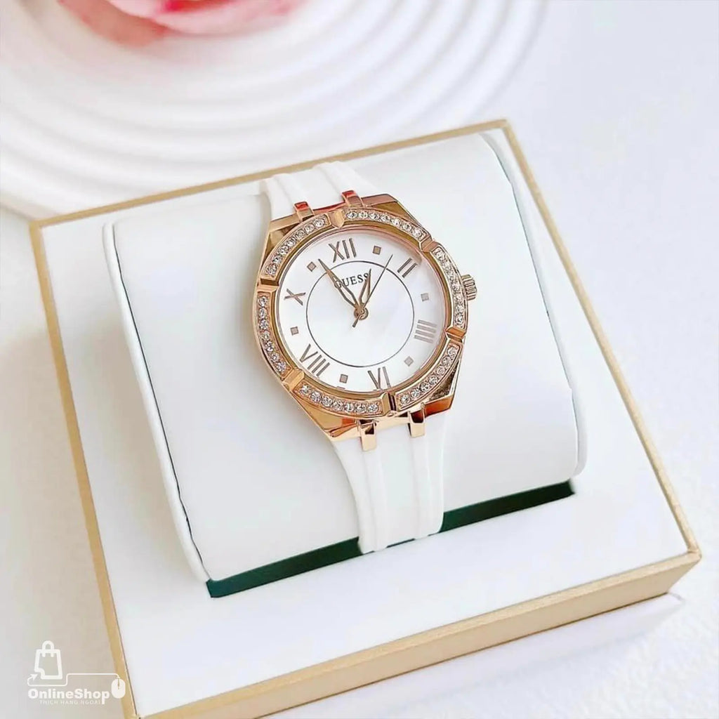 Guess Cosmo Diamonds Silver Dial White Rubber Strap Watch for Women - GW0034L2 Buy Now By Guess