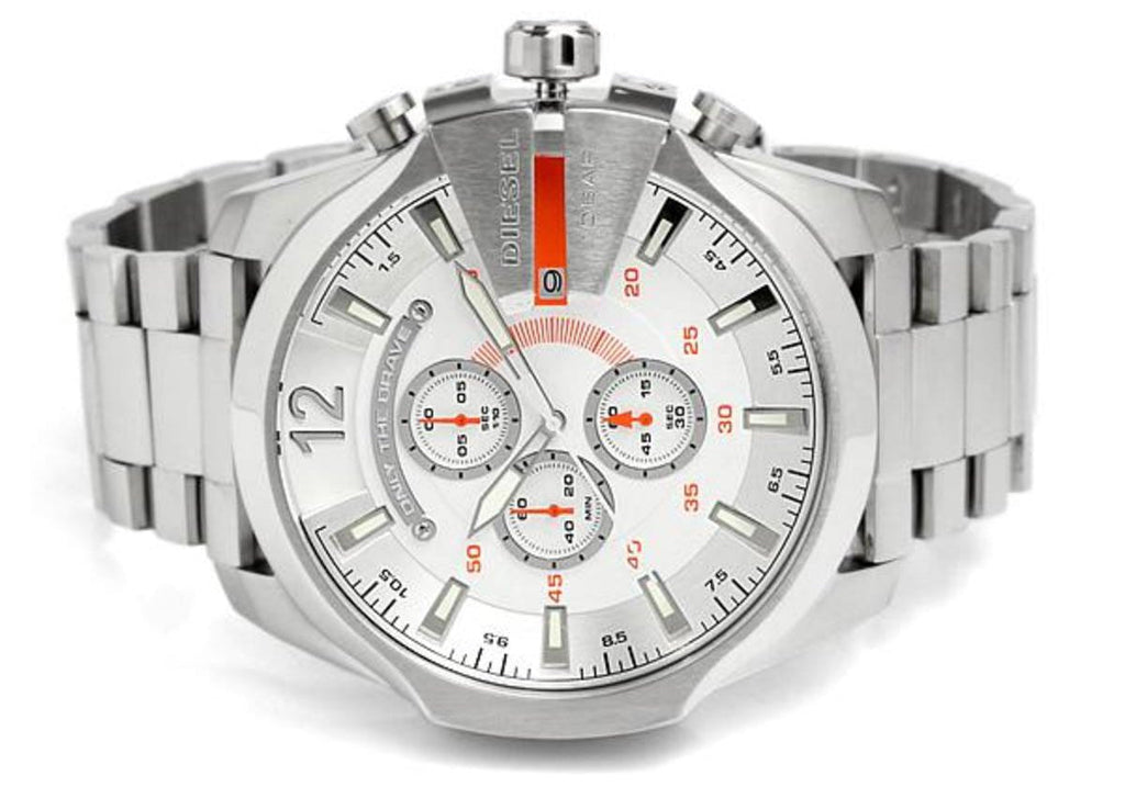 Diesel Mega Chief Chronograph White Dial Silver Steel Strap Watch For Men - DZ4328 Buy Now By Diesel