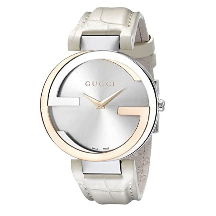 Gucci Interlocking 18K Gold Silver Dial White Leather Strap Watch For Women - YA133303 Buy Now By Gucci