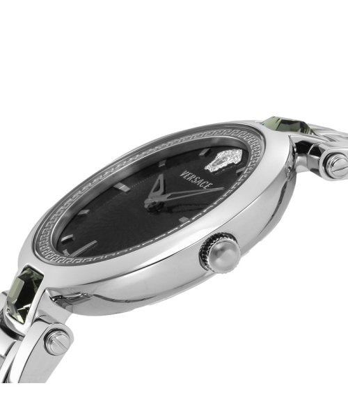 Versace Crystal Gleam Guilloche Black Dial Silver Steel Strap Watch for Women - VAN030016 Buy Now By Versace
