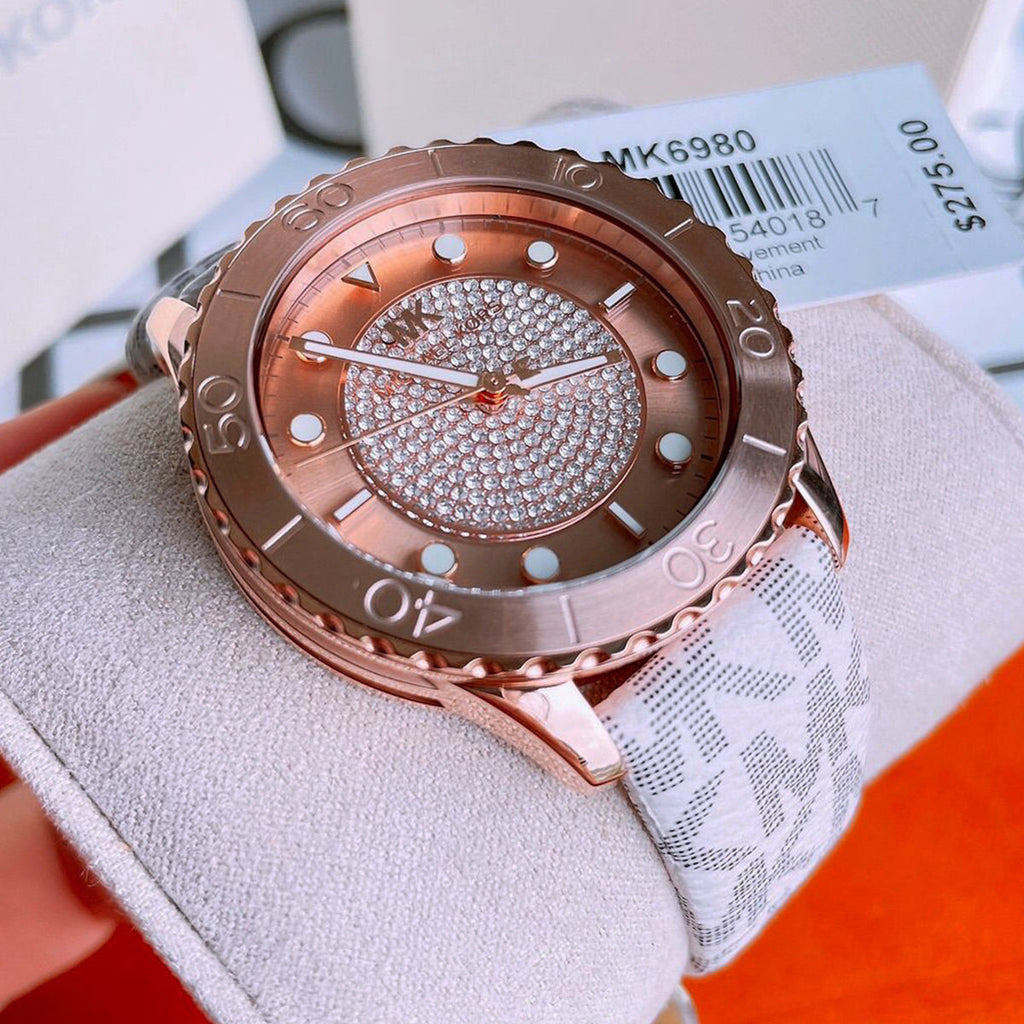Michael Kors Runway Quartz Rose Gold Dial White Leather Strap Watch For Women - MK6980 Buy Now By Michael Kors