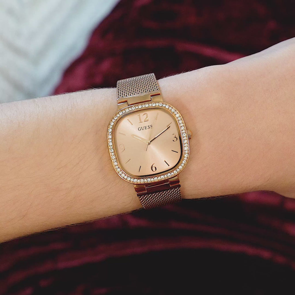 Guess Tapestry Diamonds Rose Gold Dial Rose Gold Mesh Bracelet Watch for Women - GW0354L3 Buy Now By Guess