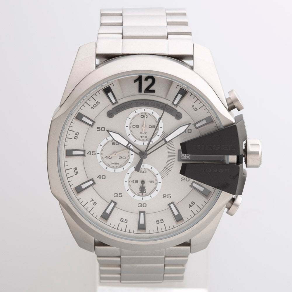 Diesel Mega Chief Chronograph Silver Dial Silver Steel Strap Watch For Men - DZ4501 Buy Now By Diesel