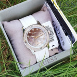 Guess Confetti Crystal Black Dial White Silicone Strap Watch For Women - W1098L1 Buy Now By Guess