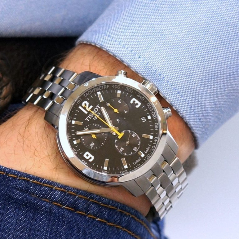 Tissot PRC 200 Chronograph Black Dial Silver Steel Strap Watch For Men - T055.417.11.057.00 Buy Now By Tissot
