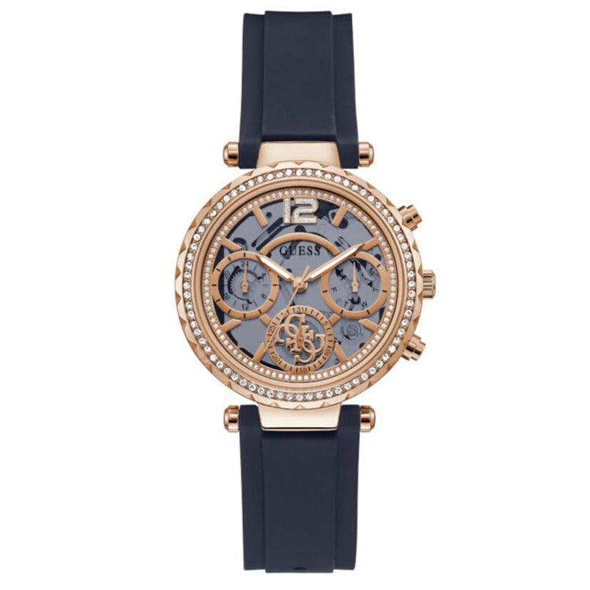 Guess Solistice Diamonds Roe Gold Dial Black Rubber Strap Watch for Women - GW0484L2 Buy Now By Guess