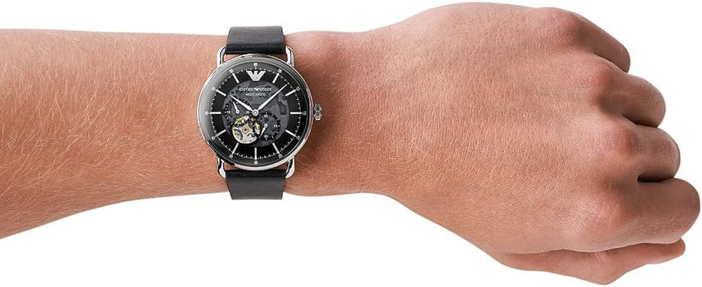 Emporio Armani Meccanico Skeleton Black Dial Black Leather Strap Watch For Men - AR60026 Buy Now By Emporio Armani