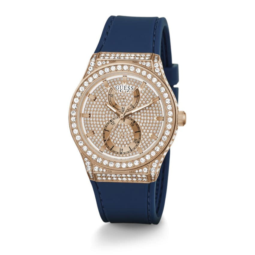 Guess Multifunction Crystals Rose Gold Dial Blue Rubber Strap Watch For Women - GW0439L4 Buy Now By Guess