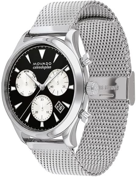 Movado Heritage Calendoplan Chronograph Black Dial Silver Mesh Strap Watch for Men - 3650097 Buy Now By Movado