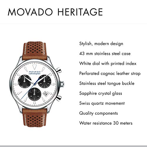 Movado Heritage Calendoplan Chronograph White Dial Brown Leather Strap Watch for Men - 3650008 Buy Now By Movado
