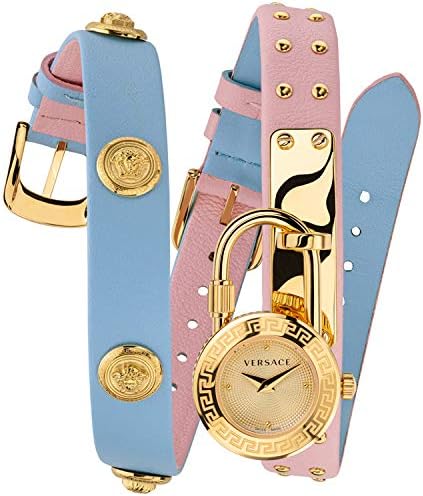 Versace Medusa Lock Icon Quartz Gold Dial Pink & Blue Leather Strap Watch For Women - VEDW00219 Buy Now By Versace