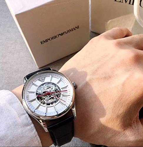 Emporio Armani Meccanico Silver Skeleton Dial Black Leather Strap Watch For Men - AR2072 Buy Now By Emporio Armani