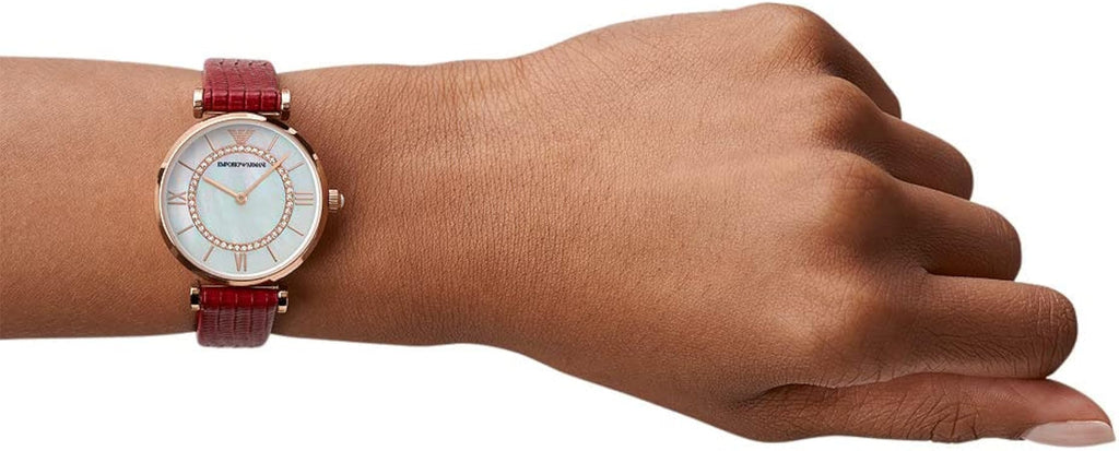 Emporio Armani Gianni T-Bar Analog Mother of Pearl Dial Red Leather Strap Watch For Women - AR11322 Buy Now By Emporio Armani