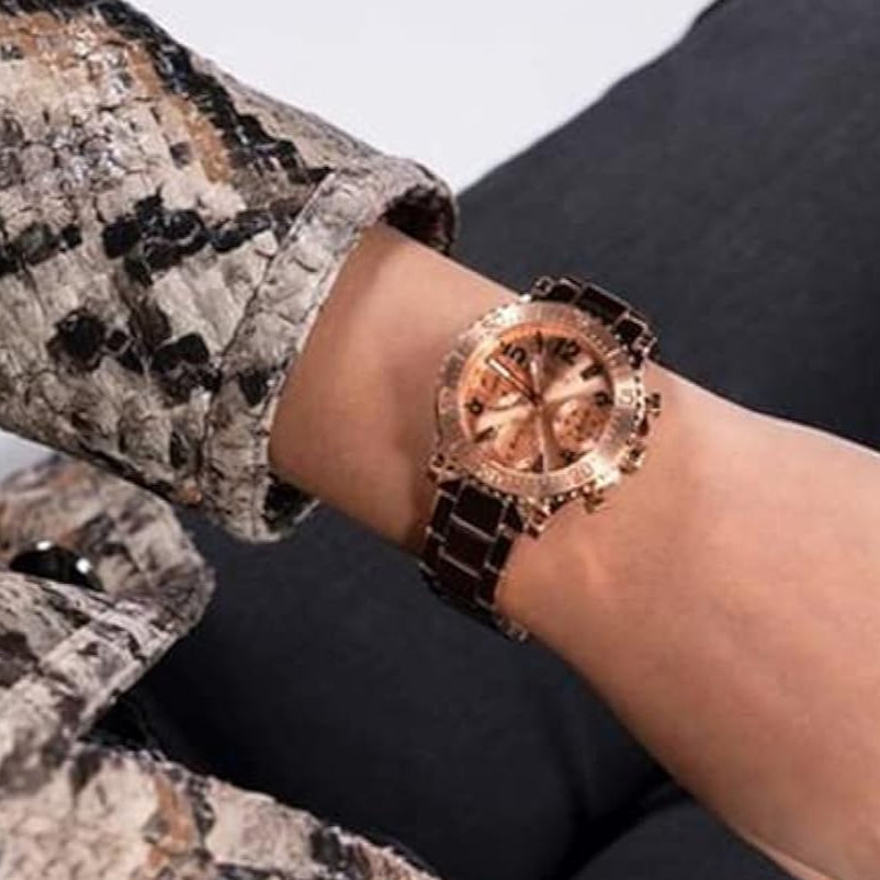 Guess Cosmic Chronograph Rose Gold Dial Rose Gold Steel Strap Watch for Women - GW0465L2