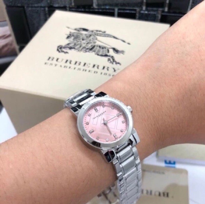 Burberry The City Diamonds Pink Dial Silver Steel Strap Watch for Women - BU9223 Buy Now By Burberry