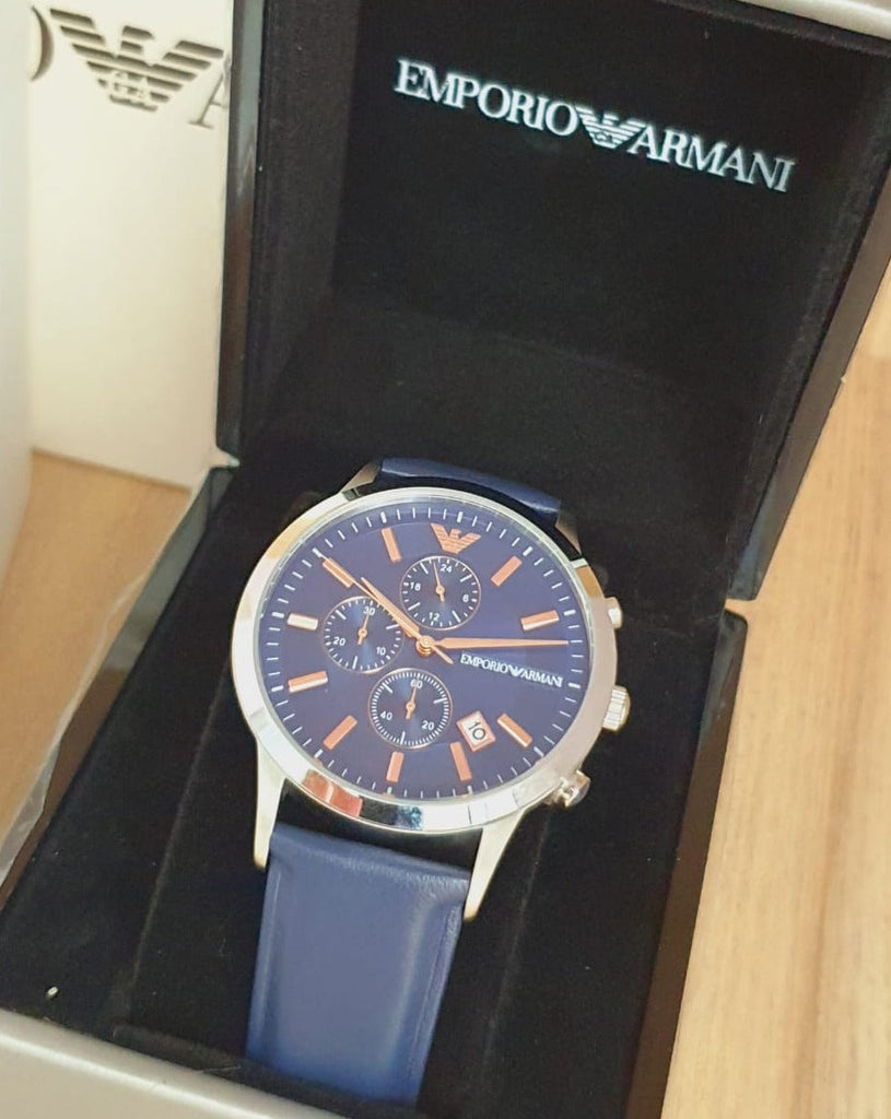 Emporio Armani Renato Chronograph Blue Dial Black Leather Strap Watch For Men - AR11216 Buy Now By Emporio Armani