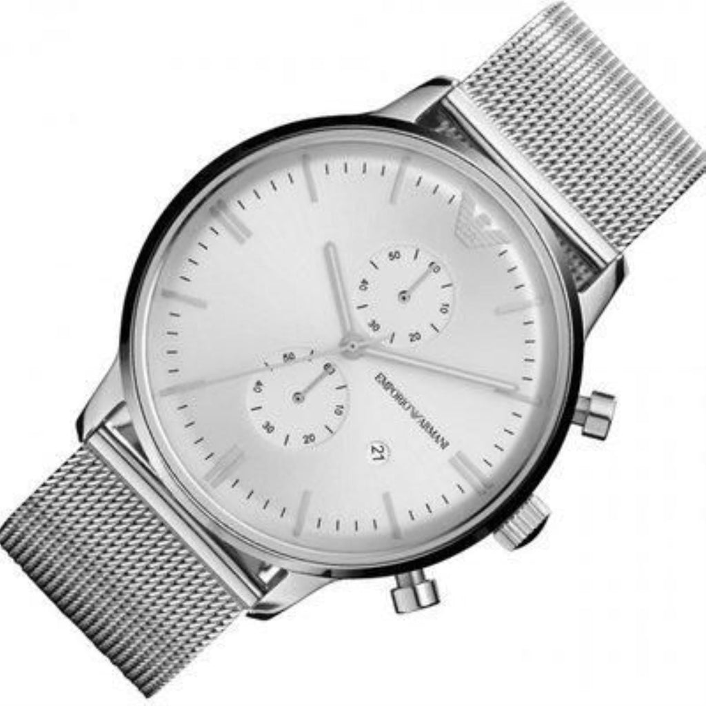Emporio Armani Classic Chronograph Quartz Silver Dial Silver Mesh Bracelet Watch For Men - AR0390 Buy Now By Emporio Armani