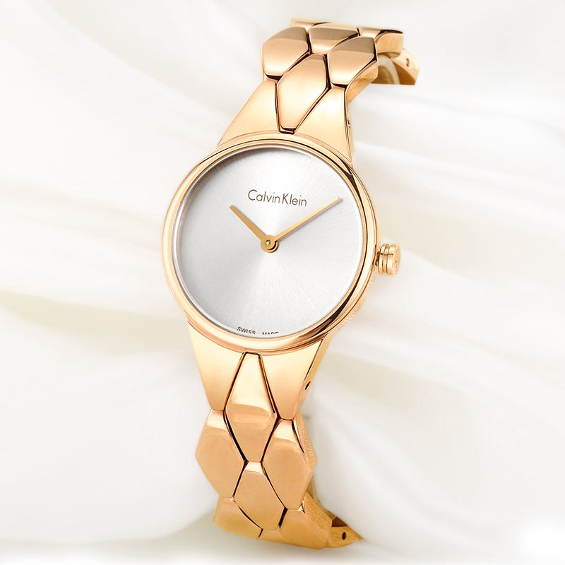Calvin Klein Snake Silver Dial Rose Gold Steel Strap Watch For Women - K6E23646