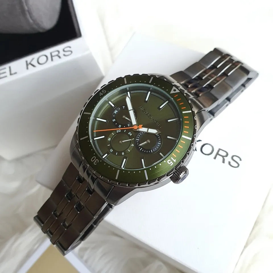 Michael Kors Cunningham Multifunction Chronograph Green Dial Grey Steel Strap Watch For Men - MK7158 Buy Now By Michael Kors