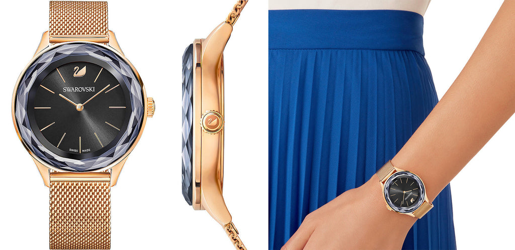 Swarovski Octea Nova Black Dial Rose Gold Mesh Bracelet Watch for Women - 5430424 Buy Now By Swarovski