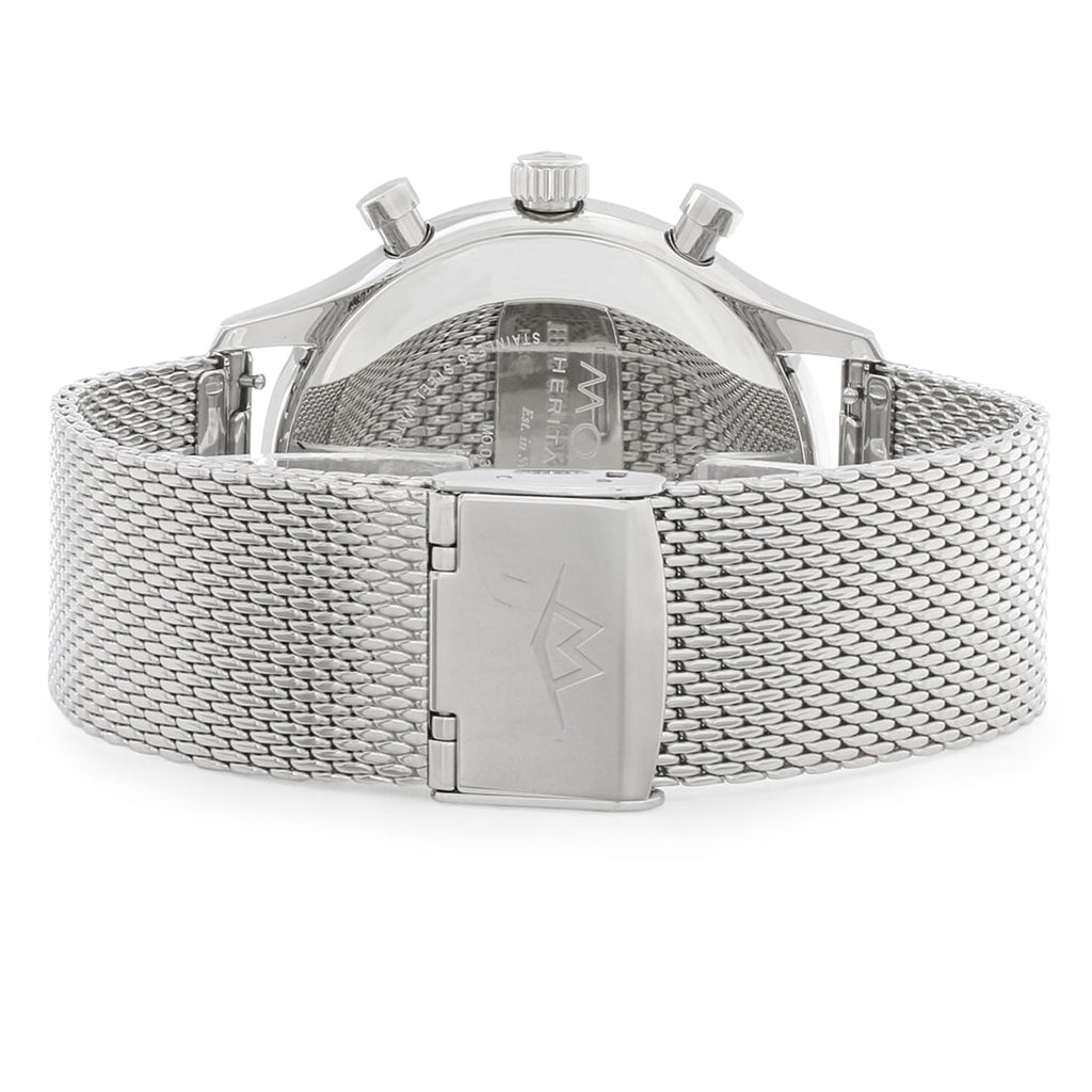 Movado Heritage Calendoplan Chronograph Black Dial Silver Mesh Strap Watch for Men - 3650097 Buy Now By Movado