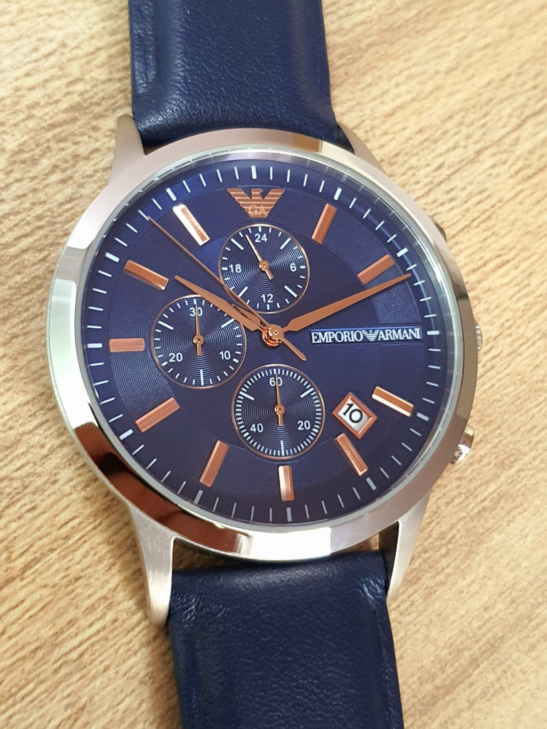 Emporio Armani Renato Chronograph Blue Dial Black Leather Strap Watch For Men - AR11216 Buy Now By Emporio Armani