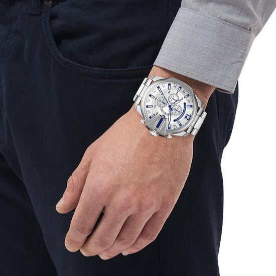 Diesel Mega Chief Chronograph White Dial Silver Steel Strap Watch For Men - DZ4477 Buy Now By Diesel