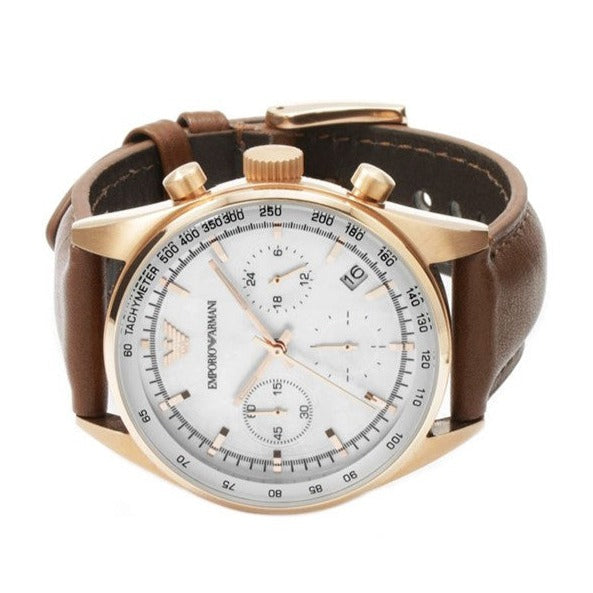 Emporio Armani Sportivo Chronograph White Dial Brown Leather Strap Watch For Men - AR5996 Buy Now By Emporio Armani