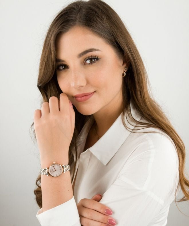 Emporio Armani Gianni T Bar Pink Dial Two Tone Steel Strap Watch For Women - AR11223 Buy Now By Emporio Armani