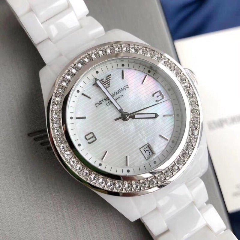 Emporio Armani Ceramica White Mother of Pearl Dial Stainless Steel Strap Watch For Women - AR1426 Buy Now By Emporio Armani