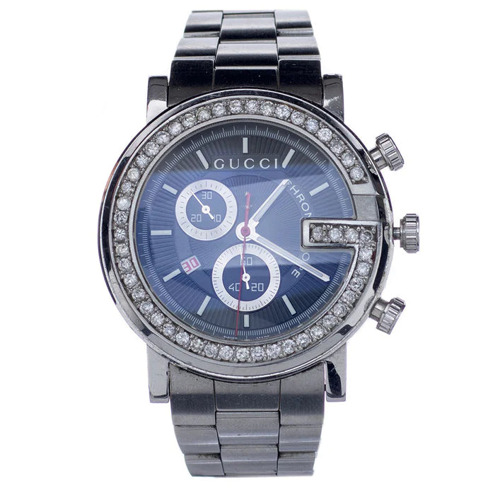 Gucci G Chrono Diamonds Black Dial Silver Steel Strap Watch For Men - YA101324 Buy Now By Gucci