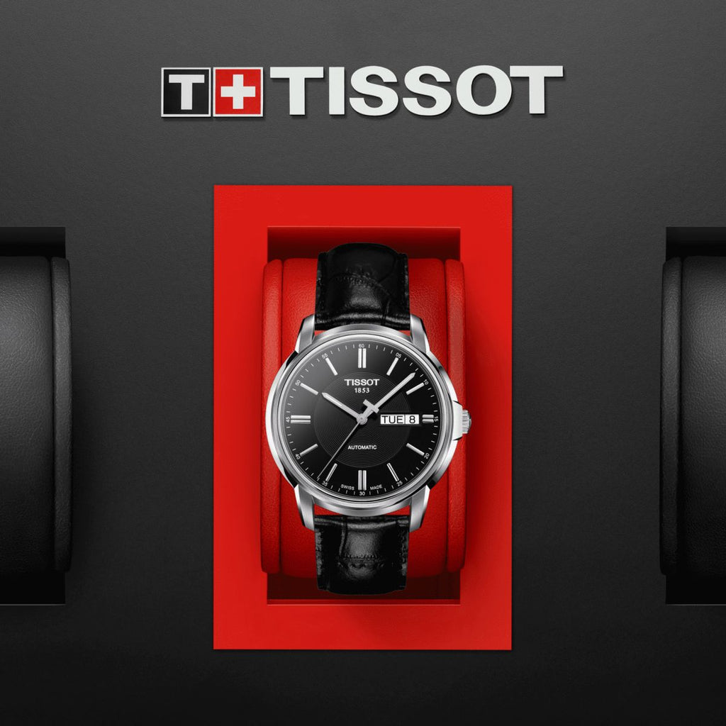 Tissot Automatics III Day Date Black Dial Black Leather Strap Watch For Men - T065.430.16.051.00 Buy Now By Tissot