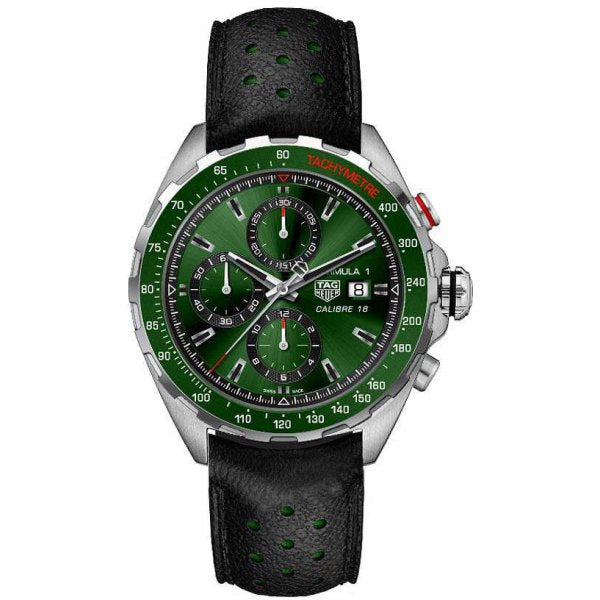 Tag Heuer Formula 1 Calibre 16 Automatic Chronograph Green Dial Black Leather Strap Watch for Men - CAZ2016.FC6473 Buy Now By Tag Heuer