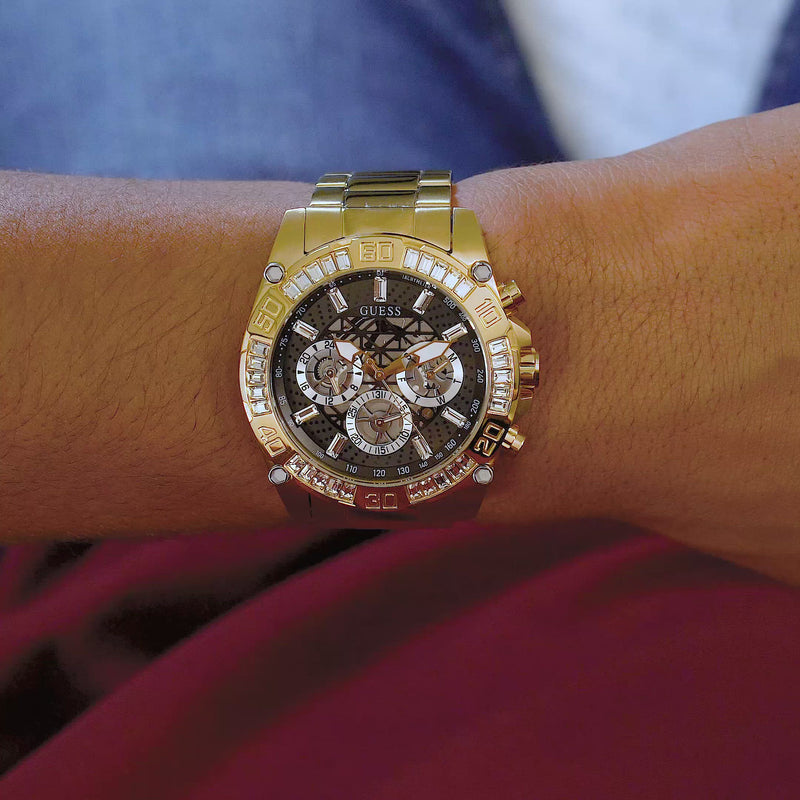 Guess Trophy Diamonds Black Dial Gold Steel Strap Watch for Men - GW0390G2 Buy Now By Guess