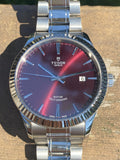 Tudor Style Automatic Burgundy Red Dial Silver Steel Strap Watch for Men - M12710-0015 Buy Now By Tudor