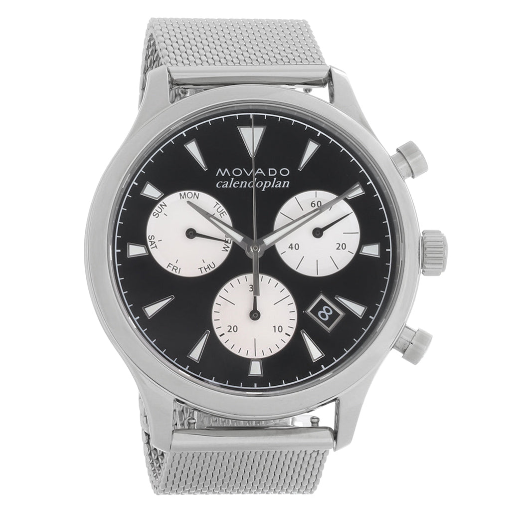 Movado Heritage Calendoplan Chronograph Black Dial Silver Mesh Strap Watch for Men - 3650097 Buy Now By Movado