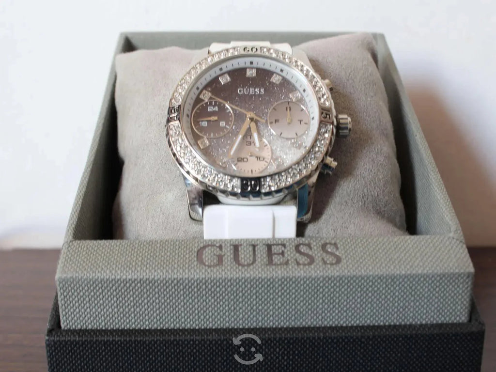 Guess Confetti Crystal Black Dial White Silicone Strap Watch For Women - W1098L1 Buy Now By Guess