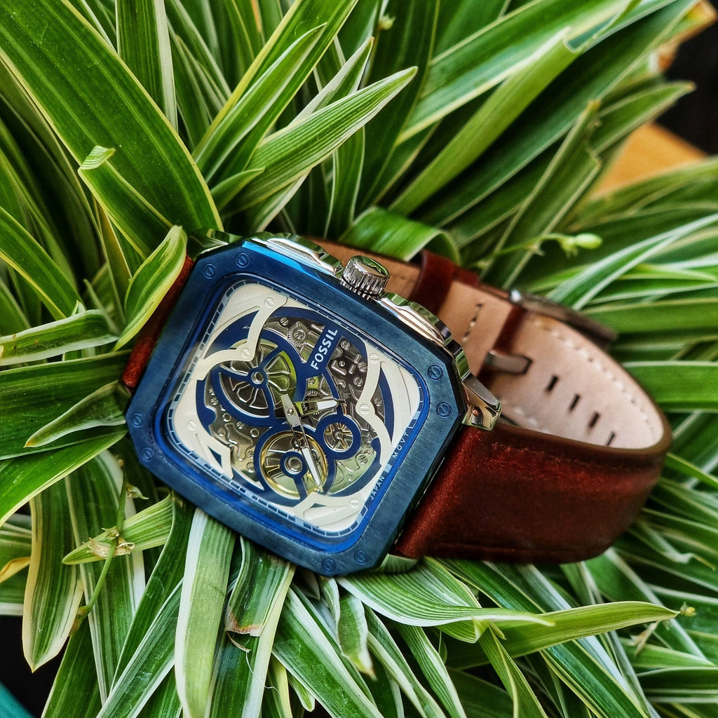 Fossil Inscription Automatic Skeleton Blue Dial Brown Leather Strap Watch for Men - BQ2571 Buy Now By Fossil