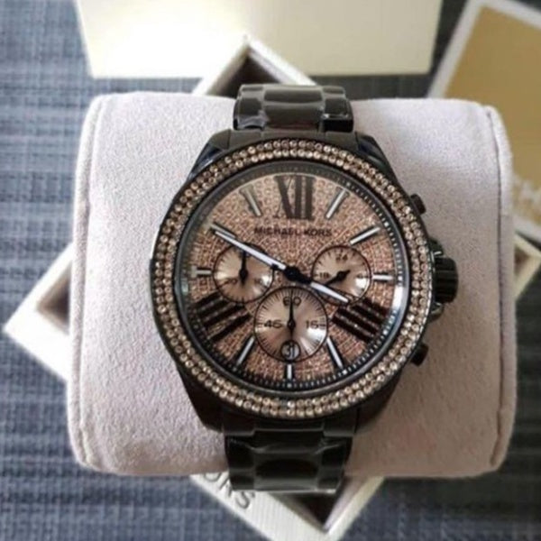 Michael Kors Wren Chronograph Gold Diamonds Dial Black Steel Strap Watch for Women - MK5879 Buy Now By Michael Kors