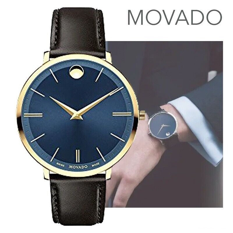 Movado Ultra Slim Blue Dial Brown Leather Strap Watch For Men - 0607088 Buy Now By Movado