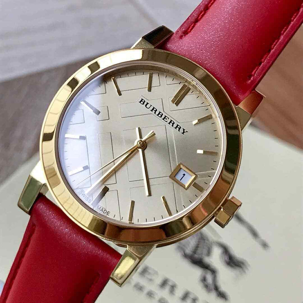 Burberry The City Gold Dial Red Leather Strap Watch for Women - BU9140 Buy Now By Burberry