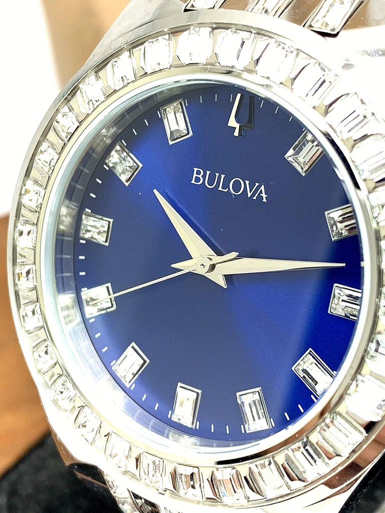Bulova Phantom Baguette Crystal Blue Dial Silver Steel Strap Watch for Men - 96A254 Buy Now By Bulova