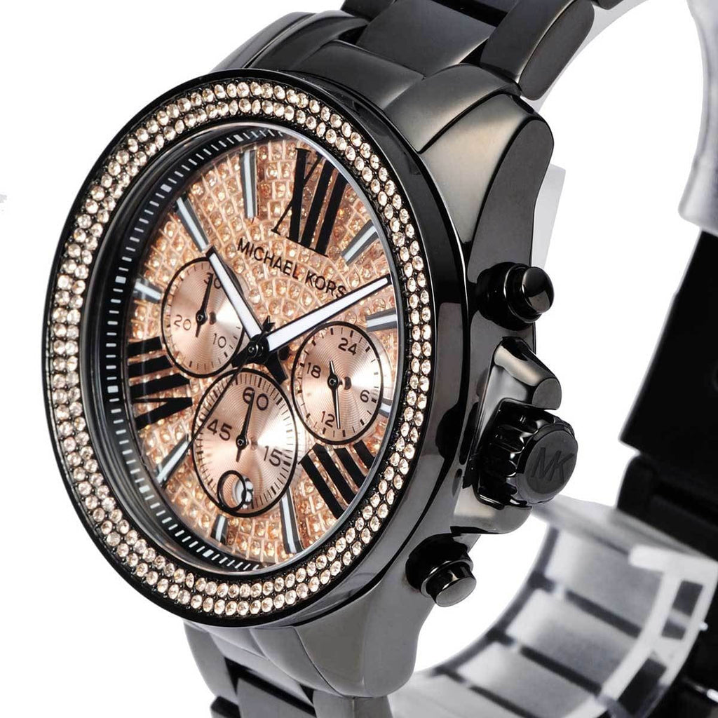 Michael Kors Wren Chronograph Gold Diamonds Dial Black Steel Strap Watch for Women - MK5879 Buy Now By Michael Kors