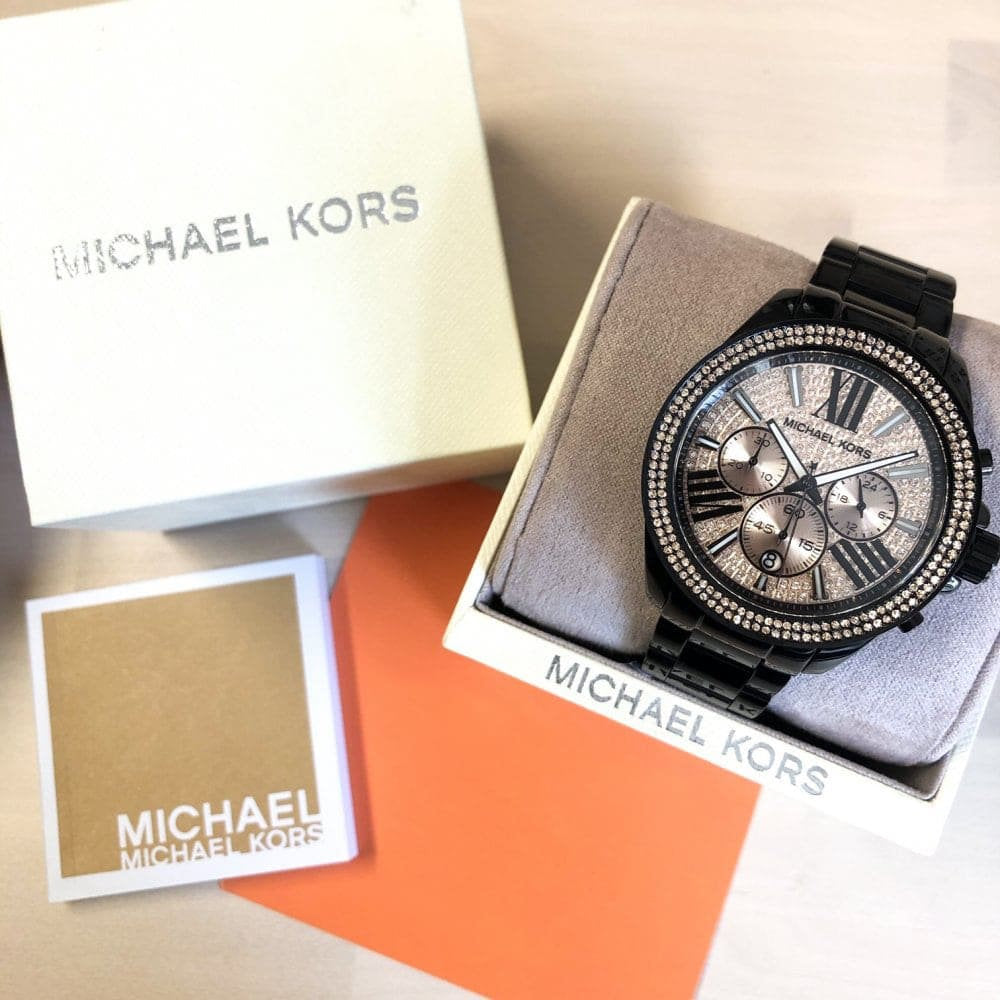 Michael Kors Wren Chronograph Gold Diamonds Dial Black Steel Strap Watch for Women - MK5879 Buy Now By Michael Kors