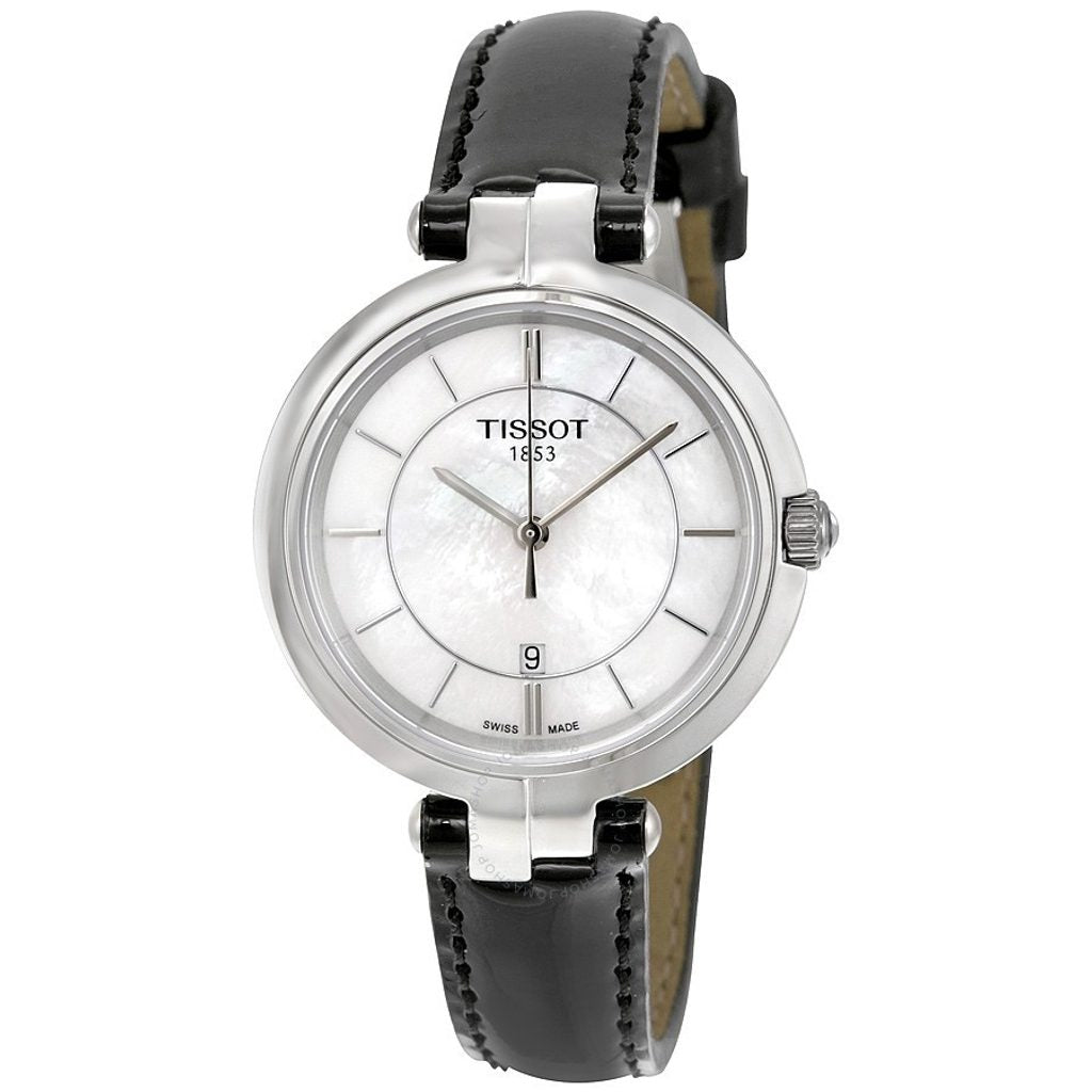 Tissot T Lady Flamingo Mother of Pearl White Dial Black Leather Strap Watch for Women - T094.210.16.111.00 Buy Now By Tissot