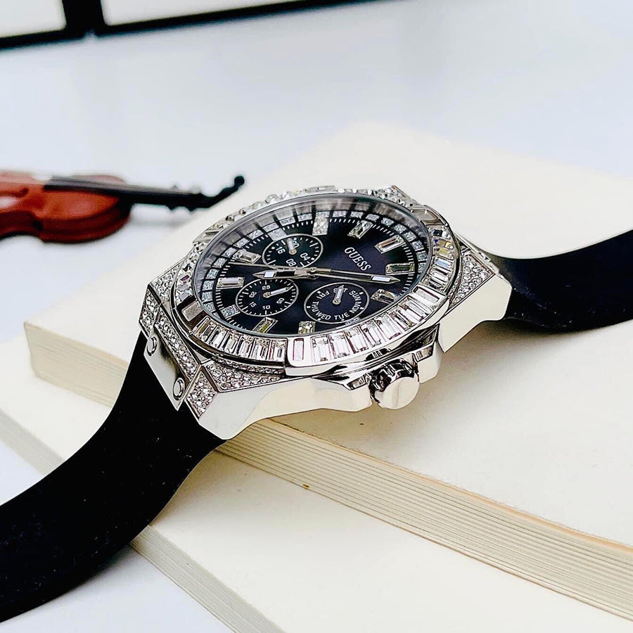 Guess Baguette Crystals Black Dial Black Silicone Strap Watch For Men - GW0208G1 Buy Now By Guess