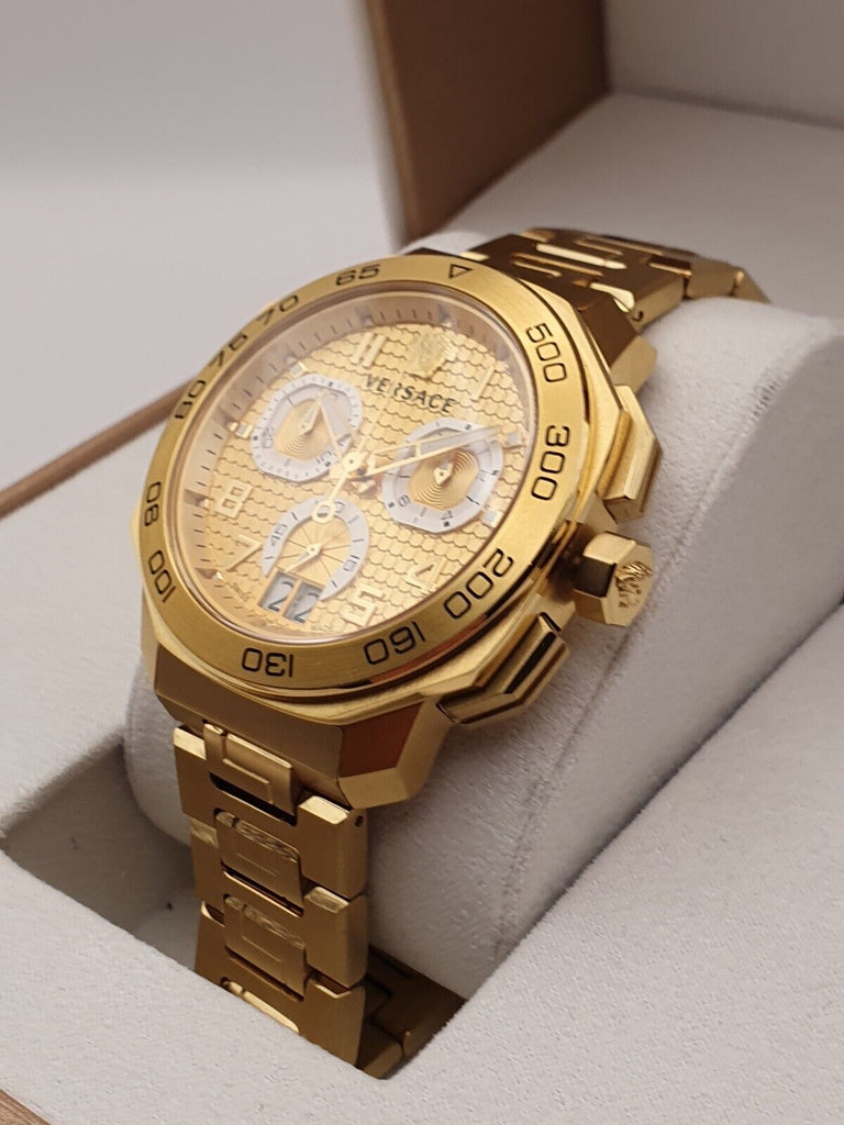 Versace Dylos Chronograph Gold Dial Gold Steel Strap Watch for Men - VQC040015 Buy Now By Versace