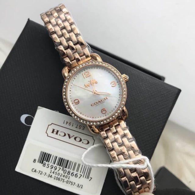 Coach Delancey Mother of Pearl White Dial Rose Gold Steel Strap Watch for Women - 14502479 Buy Now By Coach