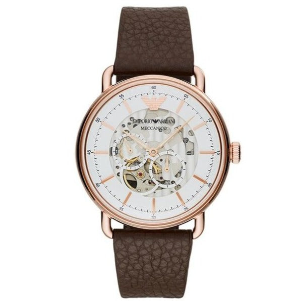Emporio Armani Meccanico Automatic White Dial Brown Leather Strap Watch For Men - AR60027 Buy Now By Emporio Armani